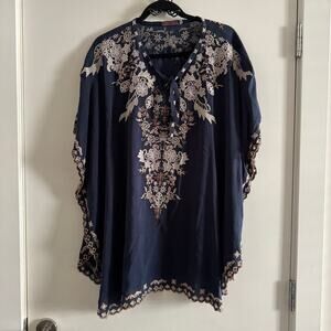 Johnny Was Egypt Eyelet Poncho Top Blue Embroidered Floral Short Sleeve Sz M